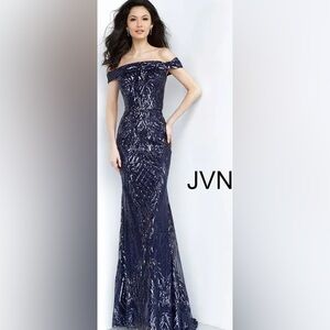 Elegant Navy Sequin Off-Shoulder Dress Prom, Mother of the Bride, wedding guest